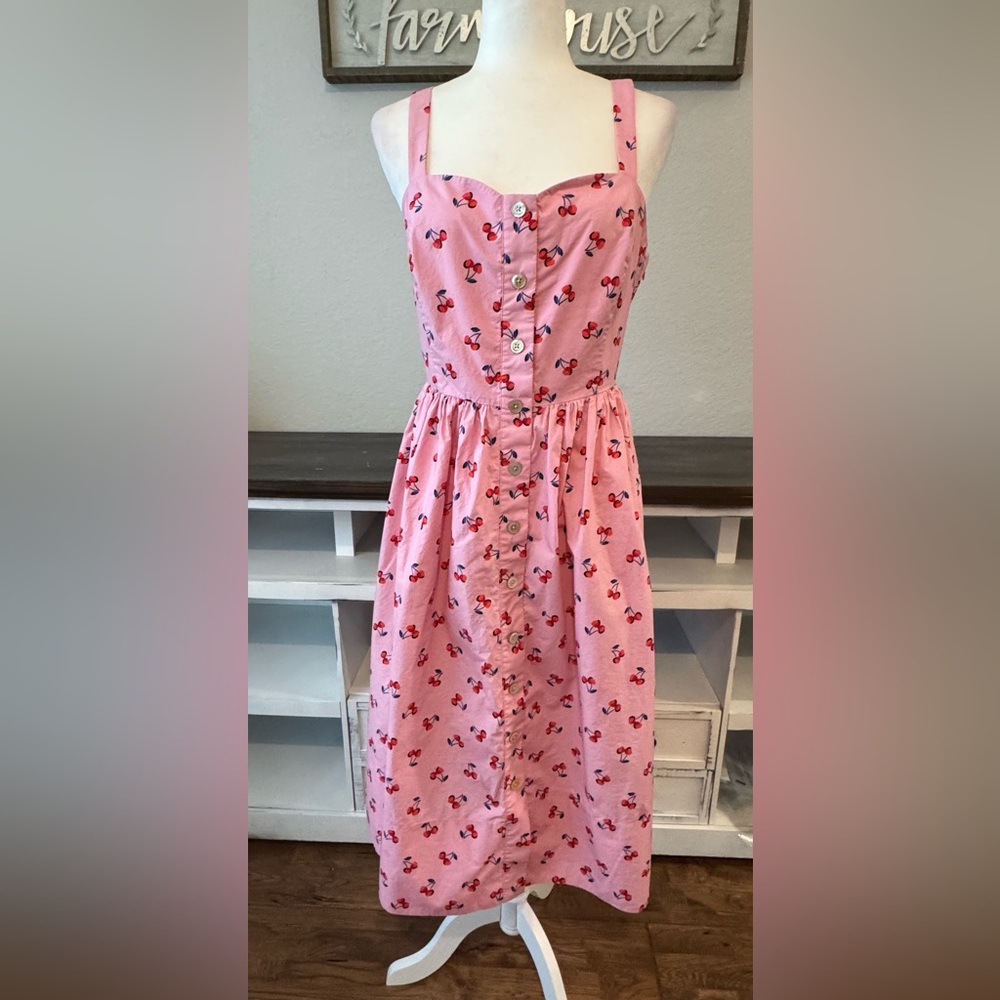 Kate Spade Cherry Toss Poplin Dress Pink Valentines Midi Women's Size 12 P - Picture 2 of 10